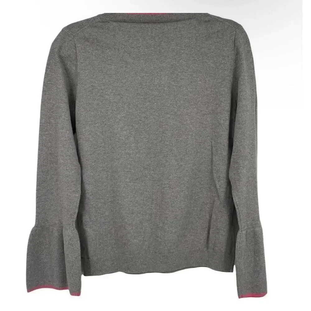 J.Crew Mercantile Gray Merino Wool Blend Bell Sleeve Sweater Pink Trim Small NWT